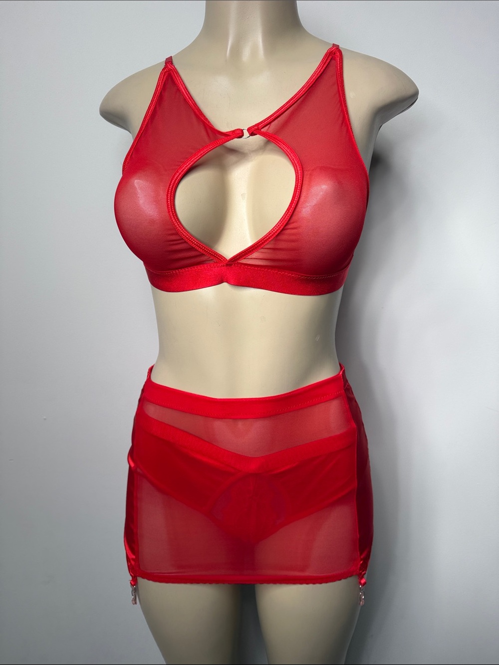 Red Sheer Heart Cutout Bralette & Skirt Lingerie Set